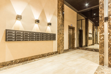 Modern lobby, hallway, elevator of the business center