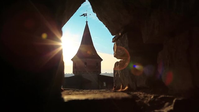 Slider shot of old Ruthenian-Lithuanian castle and later Polish fortress, located in historic city of Kamianets-Podilskyi, historic region of Podolia, Ukraine