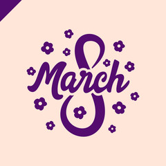 8 March Women's day greeting lettering with flowers and place for your text Vector Illustration
