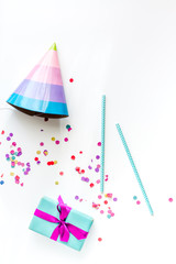 concept birthday party top view on white background mock up