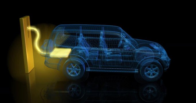 3d animation of blue electric car / van charging from large glowing battery