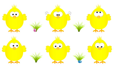 collection of six funny yellow easter chicks with several expressions, vector illustration