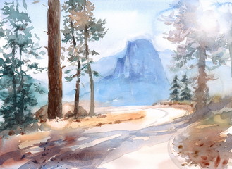 Watercolor Landscape with Mountain on the Background Hand Painted Illustration