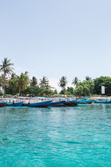 Fototapeta na wymiar The pier with a lot of asian boats in the front of palms in azure water of Indian ocean