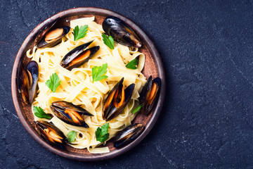 Pasta tagliatelle with mussels