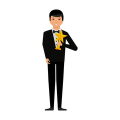 elegant man with trophy winner vector illustration design