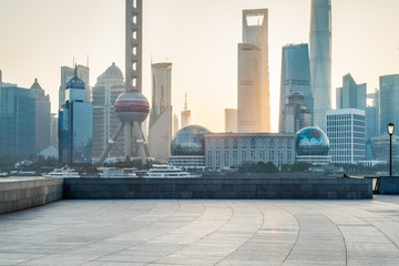 landmarks of Shanghai along Huangpu river in China.