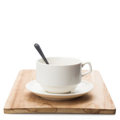 coffee mug on wooden plate Isolated on white background with clipping path.