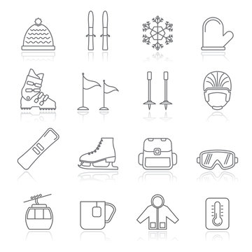 ski and snowboard equipment icons - vector icon set
