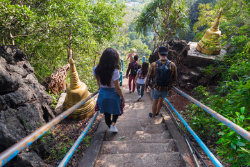 Young People Group Go Down Stairs Mountains Asian Holiday Summer Vacation Asian Travel Tourists Back Rear View