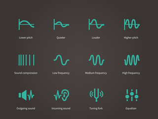 Sound compression and audio waves icons set.