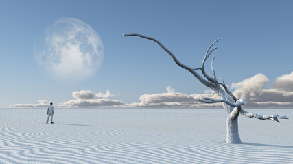 Man in desert with bare tree and moon Surreal Haunting  Some elements provided courtesy of NASA   © rolffimages