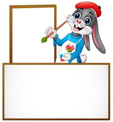 Cartoon rabbit painting in an empty board
