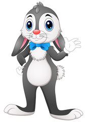Cartoon bunny waving hand with blue bow on a white background