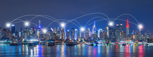 Network and Connection Technology Concept of Skyline of New York City,Skyscrapers, downtown, USA