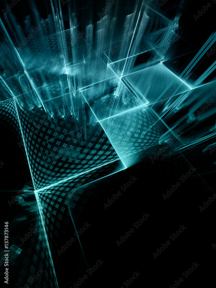 Poster Abstract background element. Fractal graphics series. Three-dimensional composition of intersecting grids. Information technology concept. Blue and black toned image.