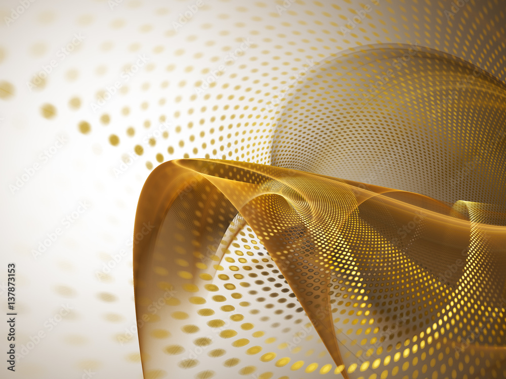 Poster Abstract background element. Fractal graphics series. Three-dimensional composition of glowing lines and mosaic halftone effects. Golden colors.