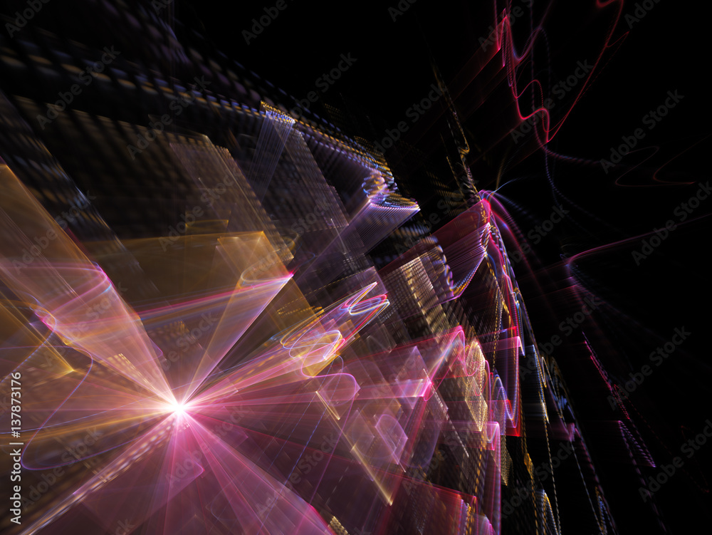 Poster abstract background element. three-dimensional composition of wave shapes, grids and beams. electron
