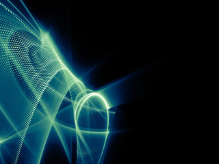 Abstract background element. Fractal graphics series. Three-dimensional composition of glowing lines and halftone effects. Information and energy concept. Blue on black.