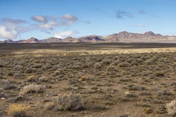  Wide open empty desert landscape in Nevada during winter with blue skies and clouds.  Mountains in the distance. © neillockhart