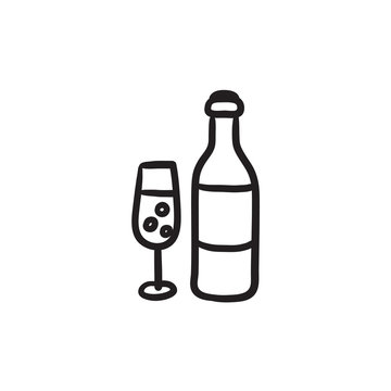 Bottle and glass of champagne sketch icon.