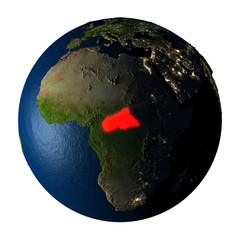 Central Africa in red on Earth isolated on white