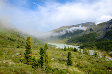 Mountain landscape with a river, a lake and spruce