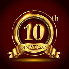 10th golden anniversary logo, ten years birthday celebration with gold ring and golden ribbon.