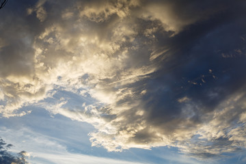 Cumulus clouds against a blue sky. Overcast. Cyclone. Weather forecast.