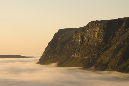 Aerial view of dawn mist at the foot of Tjahkkelij, Sarek National Park, Laponia World Heritage Site, Lapland, Sweden, September 2008