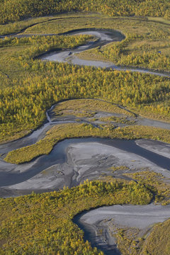 Aerial view of the Laitaure delta, Sarek National Park, Laponia World Heritage Site, Lapland, Sweden, September 2008