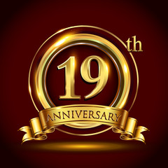 19th golden anniversary logo with gold ring and golden ribbon, vector design for invitation card and greeting card for birthday party celebration.
