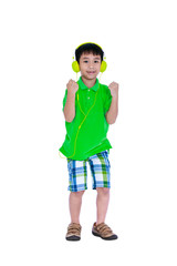 Happy asian child with headphones, Isolated on white background. Studio shot.