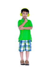 Happy asian child with headphones, Isolated on white background. Studio shot.