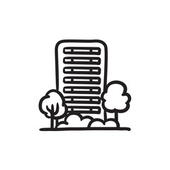 Residential building with trees sketch icon.