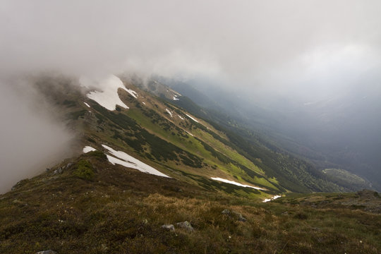 Low clouds with fresh grass on slopes of the Kouprova valley, Western Tatras, Carpathian Mountains, Slovakia, June 2009