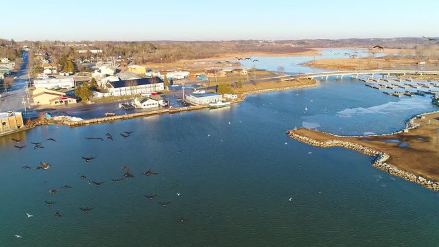 Flying with a flock of geese over icy harbor, amazing slow motion aerial view. 
