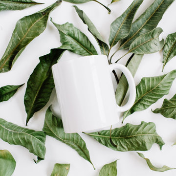 Blank template of white mug and green leaves on white background. Flat lay, top view.