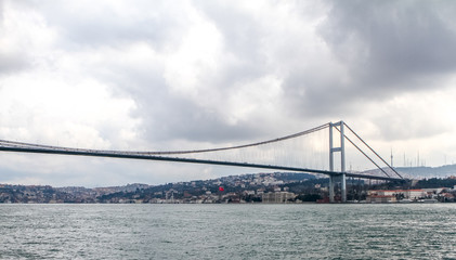 Fototapeta na wymiar Bosphorus bridge view of Istanbul, Turkey. Dramatic cloudy sky