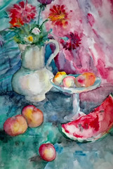 акварельная живопись, натюрморт с цветами и фруктами, арбуз, яблоки