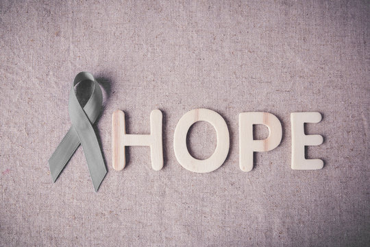 HOPE wooden letter with grey ribbon, Brain cancer awareness, Brain Tumors,Asthma awareness, Allergies and Diabetes awareness