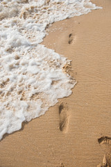 Footprints in the sand at sunset