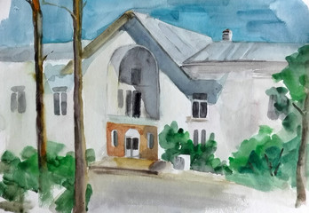 акварельная живопись, белое здание в сосновом бору © katushello