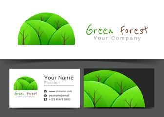 Green Forest Tree Corporate Logo and Business Card Sign Template. Creative Design with Colorful Logotype Visual Identity Composition Made of Multicolored Element. Vector Illustration