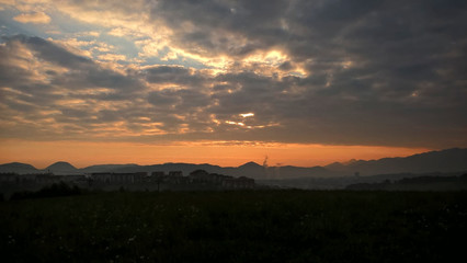 Dramaric clouds, sunrise and sunset in nature. Slovakia