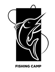 Fishing icon of fish on hook for fisherman club or fishery sea sport adventure logo template.