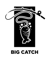 Fishing icon of fish on hook for fisherman club or fishery sea sport adventure logo template.