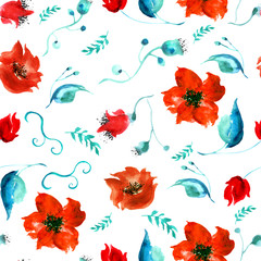Watercolor seamless vintage pattern of drawings of red poppy flower, roses, leaves, floral pattern. Fashionable design