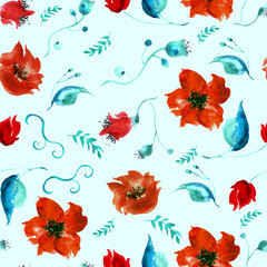 Obraz na płótnie Canvas Watercolor seamless vintage pattern of drawings of red poppy flower, roses, leaves, floral pattern. Fashionable design