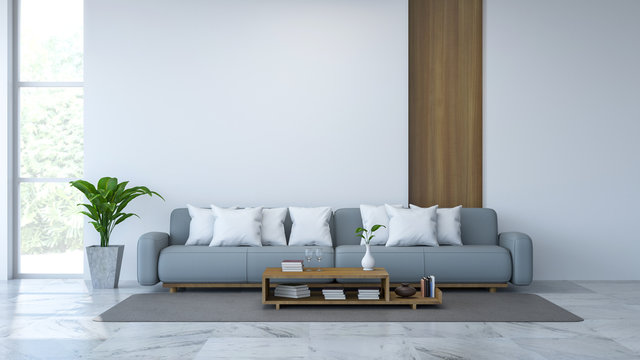 White room interior, blue sofa and wood table  on Marble floor and white wall /3d render